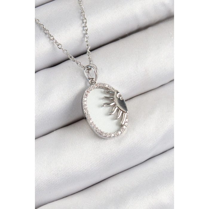 BFS 316L Çelik Zirkon Taşlı Yarım Güneş Model Gümüş Renk Kadın Kolye