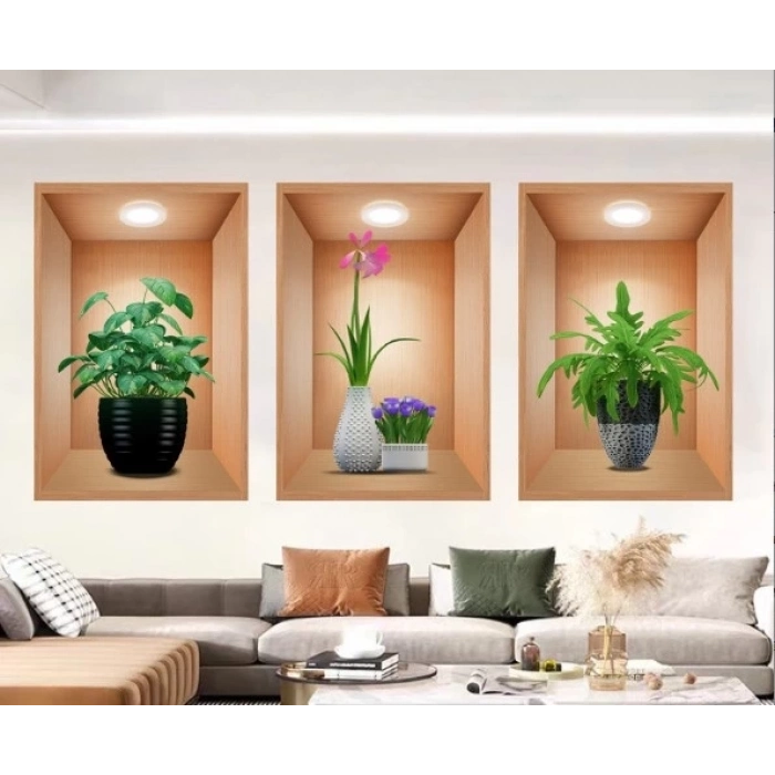 ÇOK SATAN BFS  3D Çiçek Vazo Duvar Sticker 3 lü Set Kahverengi Fon