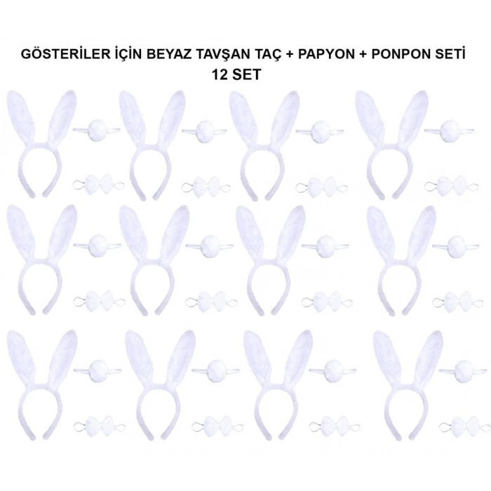 BFS   Beyaz Tavşan Kostüm Seti – Taç, Papyon, Kuyruk (12’li Paket)