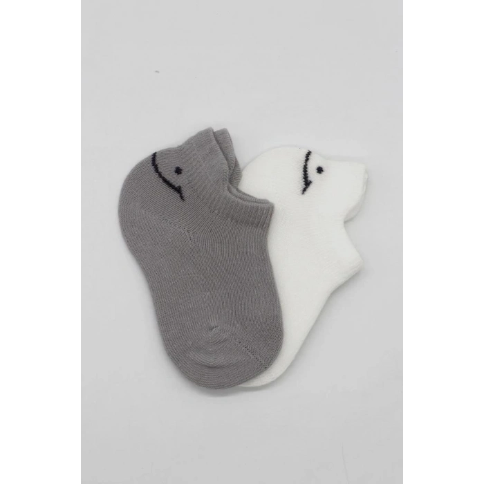 BFS   Bistyle 2Li Sneakers Smile Penye Çorap BS20106 Gri Ekru