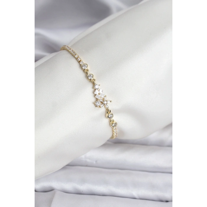BFS Çiçekli Model Zirkon Taşlı Gold Renk Su Yolu Kadın Bileklik