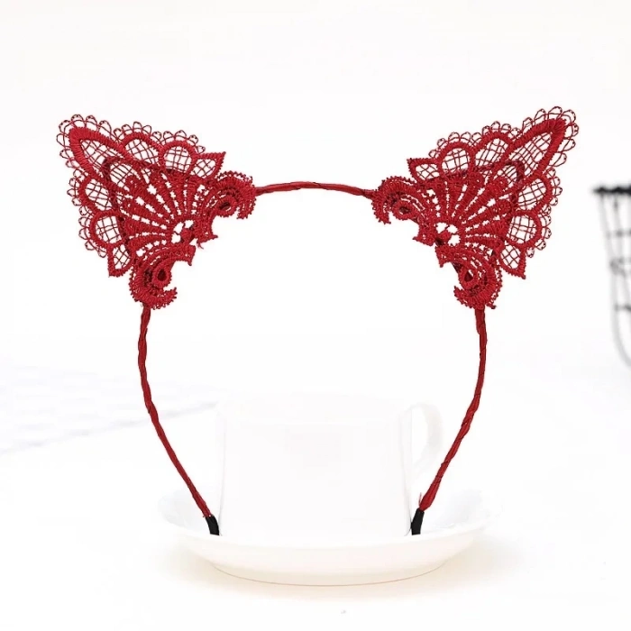 BFS  Dantelli Kırmızı Kedi Tacı - Vintage Tarz Dantel Kedi Kulak