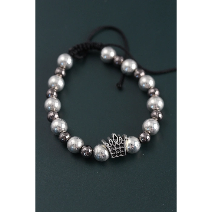 ÇOK SATAN BFS Doğal Taş Kral Tacı Model Gümüş Ve Füme Renk Asansörlü Erkek Bileklik