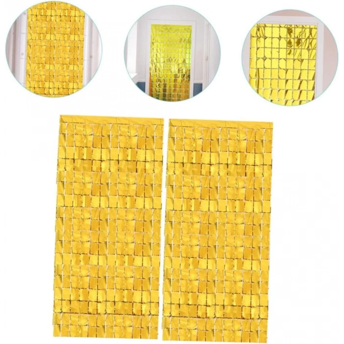 BFS     Ekstra Metalize Altın Renk Disko Dikdörtgen Kesim Kapı Perdesi Dekorasyon 1x2 Metre