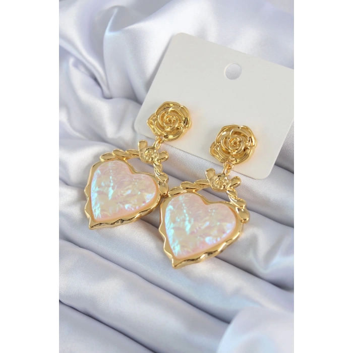 ÇOK SATAN BFS Gold Renk Gül Sallantı Kalp Model Pirinç VİP Kadın Küpe