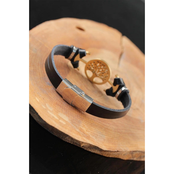 ÇOK SATAN BFS Gold Renk Metal Ağaçlı Tasarım Siyah Renk Deri Erkek Bileklik