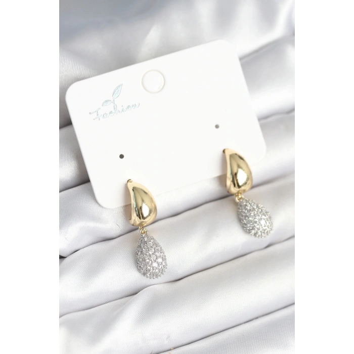 ÇOK SATAN BFS Gold Renk Zirkon Taşlı Damla Pirinç Kadın Küpe