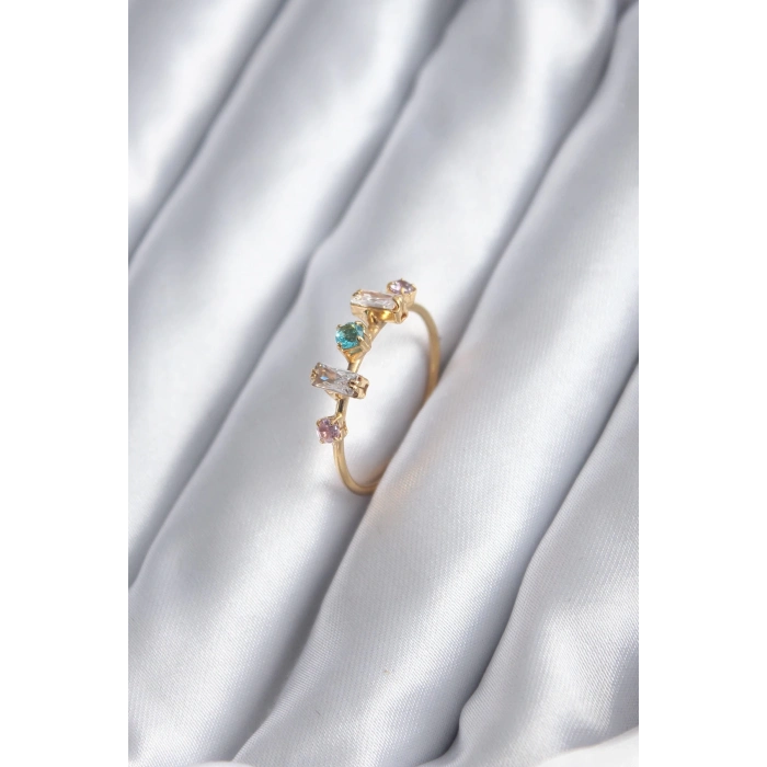 BFS Gold Renk Zirkon Taşlı Renkli Zirkon Taşlı Kadın Yüzük