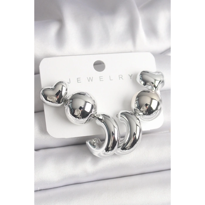 BFS Gümüş Renk Kalp Halka Figür CCB Plastik Kadın Küpe Seti