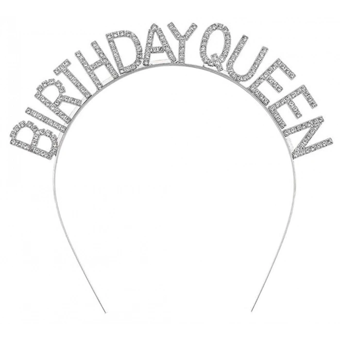 BFS     Gümüş Renk Kristal Taşlı Parlak Birthday Queen Yazılı Kraliçe Taç 16x17 cm