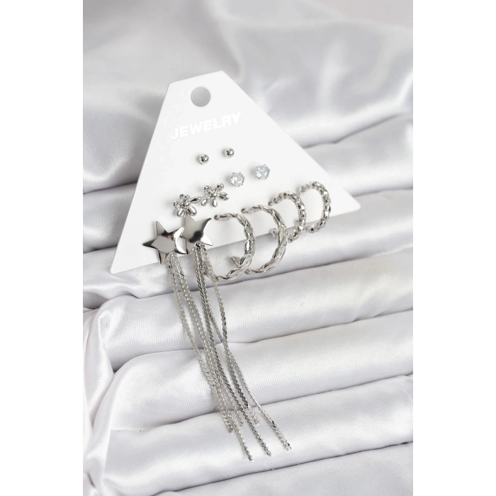 ÇOK SATAN BFS Gümüş Renk Pirinç 6 Çift Kadın Küpe Seti