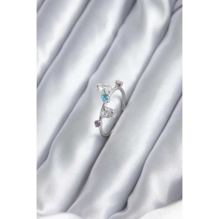 BFS Gümüş Renk Renkli Zirkon Taşlı Kadın Yüzük