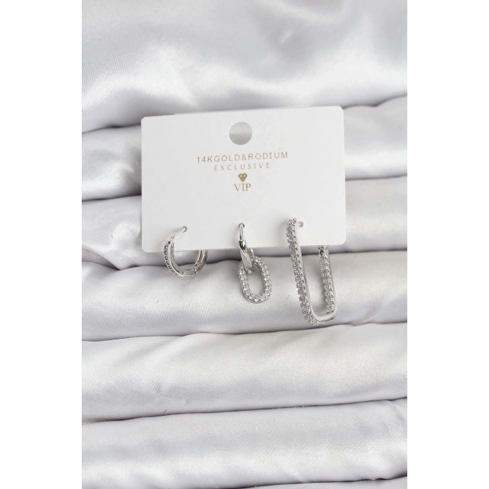 BFS Gümüş Renk Zirkon Taşlı 3lü Kadın Küpe Seti