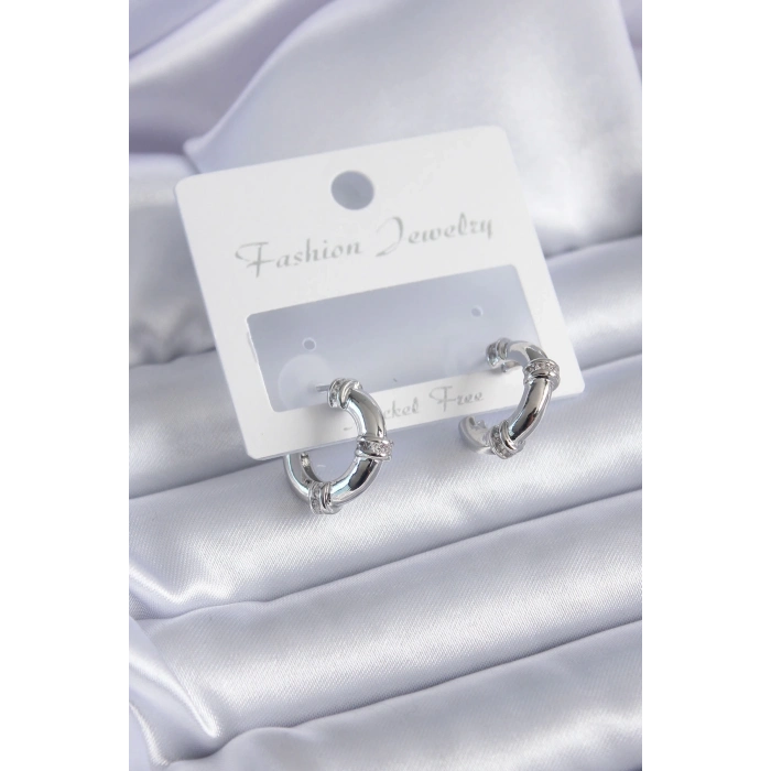 ÇOK SATAN BFS Gümüş Renk Zirkon Taşlı Halka Model Pirinç Kadın Küpe