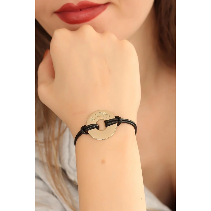 BFS HAPPY (Mutlu) Siyah Deri İpli Unisex Mood Bileklik