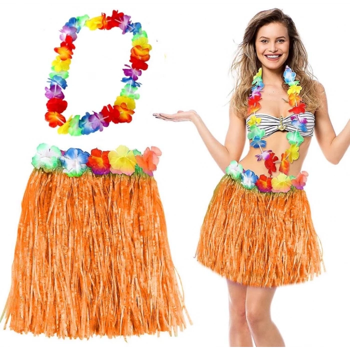 BFS   Hawaii Luau Aloha Turuncu Püsküllü 40 cm Etek ve Hawaii Kolye Seti