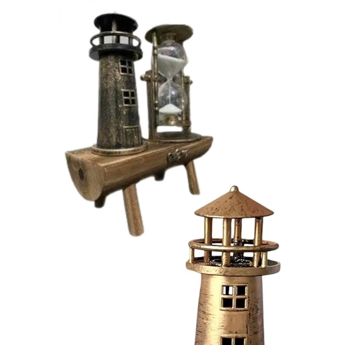 BFS Hediyelik Eşya Retro Deniz Fenerli Kum Saati Ahşap Görünümlü Dekoratif Eşya