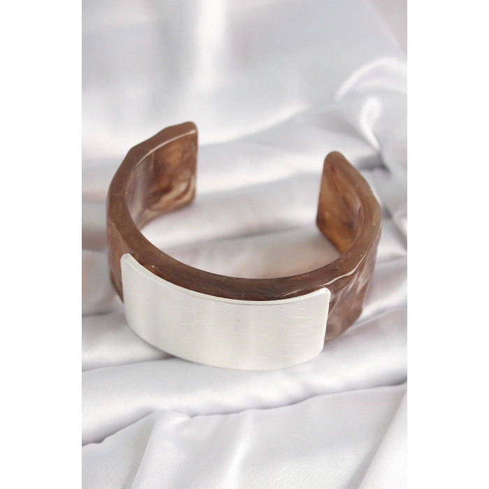 BFS Kahverengi Mermer Desen Akrilik Plastik Gümüş Dikdörtgen Plaka Vintage Kadın Bilezik