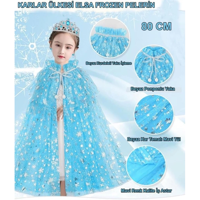 BFS   Karlar Ülkesi Elsa Frozen Mavi Pelerin – 80 cm Kar Desenli Çocuk Pelerini ( Taç Hariç )