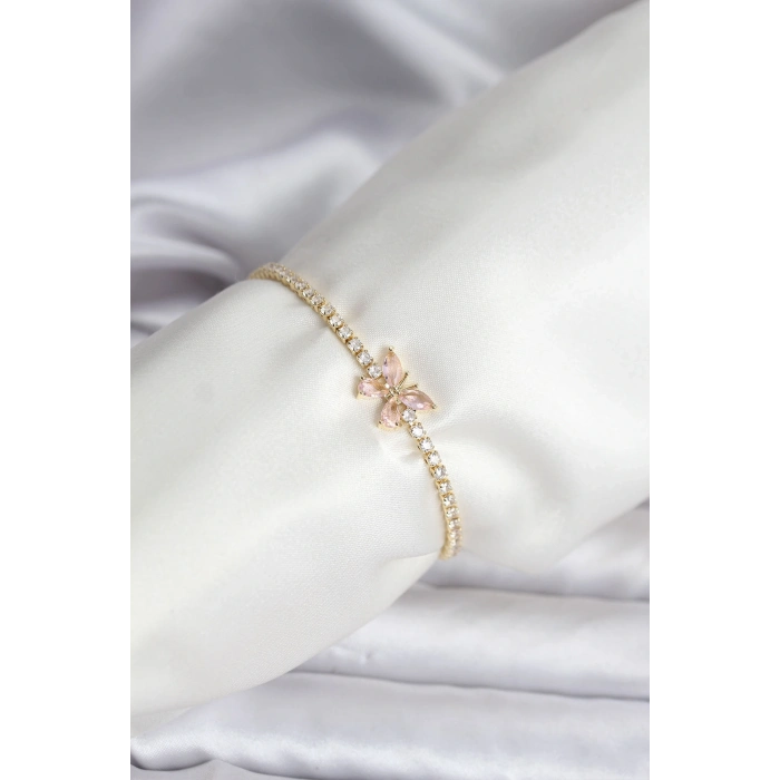 BFS Kelebek Model Zirkon Taşlı Gold Renk Pirinç Su Yolu Kadın Bileklik