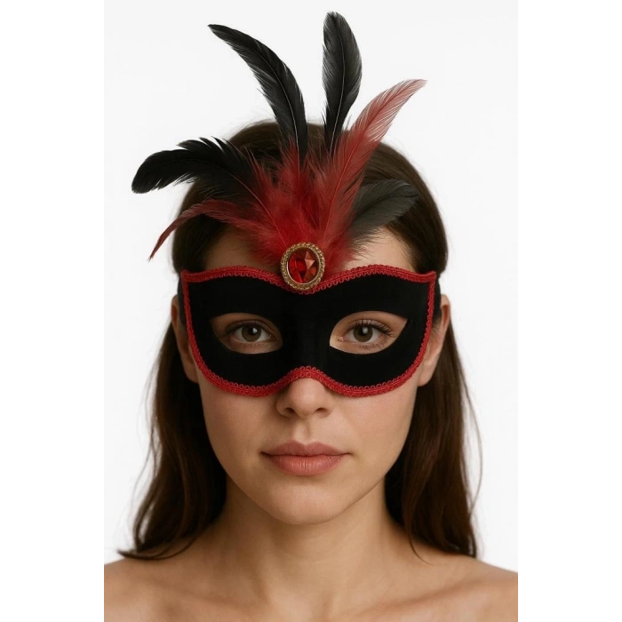 BFS     Kırmızı Dantelli Siyah Kırmızı Tüylü Siyah Süet Kaplama Parti Maskesi 17x25 cm