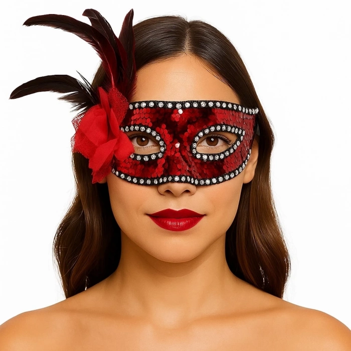 BFS   Kırmızı Renk Yandan Tüylü Güllü Gümüş Taşlı Pullu Maske 20x22 cm