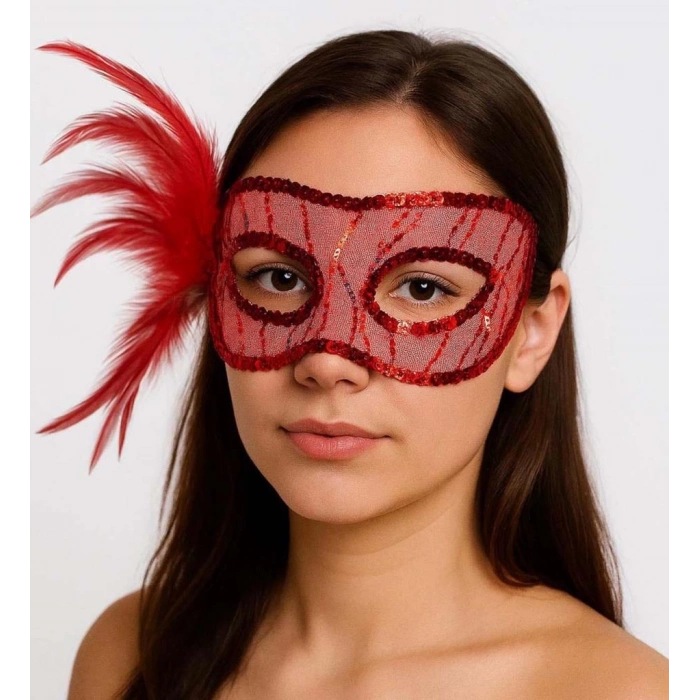 BFS  Kırmızı Renk Yandan Tüylü Pul Payet İşlemeli Parti Maskesi 23x12 cm