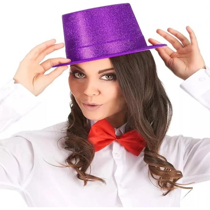 BFS   Koyu Mor Renk Violet Parıltılı Simli Fötr Silindir Parti Şapkası