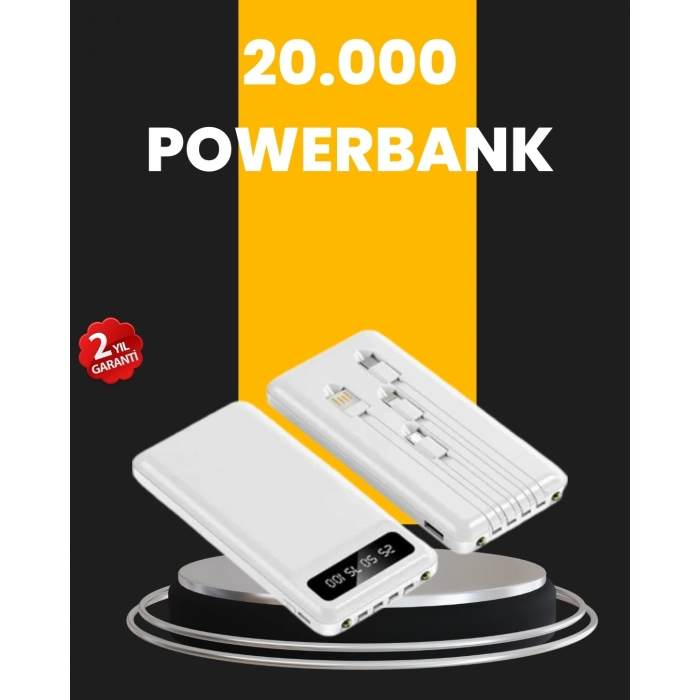 BFS LED Işıklı 20.000mAh Powerbank LCD Gösterge Dahili Çoklu Kablo