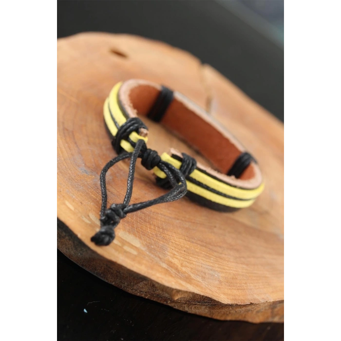 ÇOK SATAN BFS Metal Aksesuarlı Sarı Siyah Renk Deri Erkek Bileklik