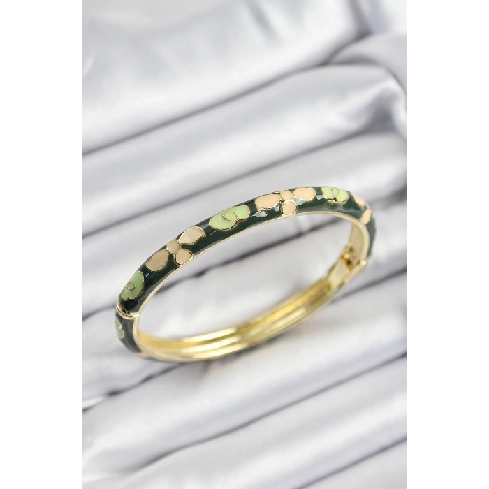 BFS Mineli Pirinç Krem Ve Yeşil Çiçek Motifli Gold Renk Kadın Kelepçe