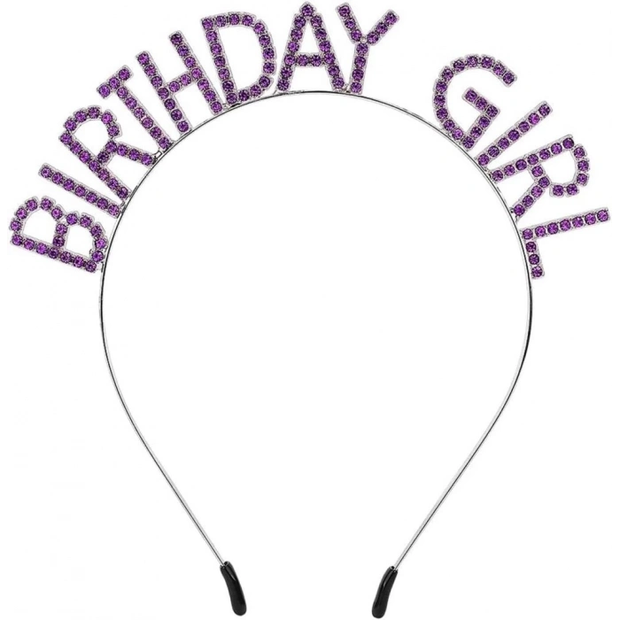 BFS   Mor Renk Kristal Taşlı Parlak Birthday Girl Yazılı Taç 16x17 cm