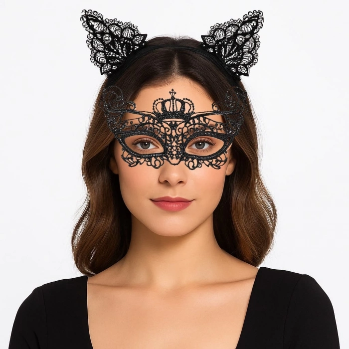 ÇOK SATAN BFS Parti Gecesi Siyah Dantel Maske ve Taç Seti 9 No