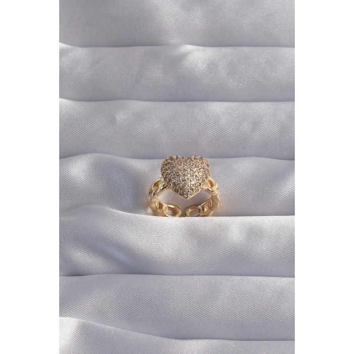 BFS Pirinç Ayarlamalı Gold Renk Zirkon Taşlı Bombeli Kalp Yüzük