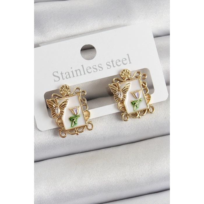 BFS Pirinç Beyaz Mineli Sanatsal Portre Model Gold Renk Kadın Küpe