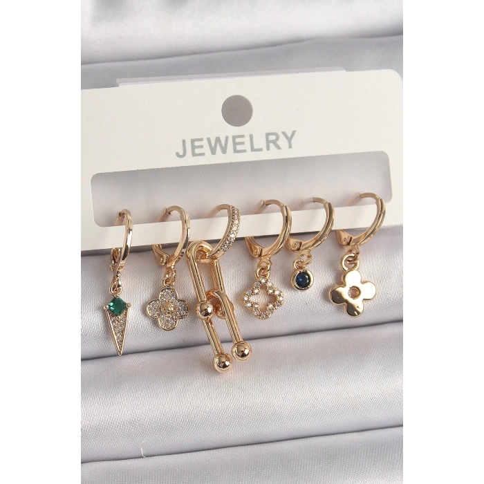 BFS Pirinç Gold Renk Çoklu Figür Kadın Küpe Seti