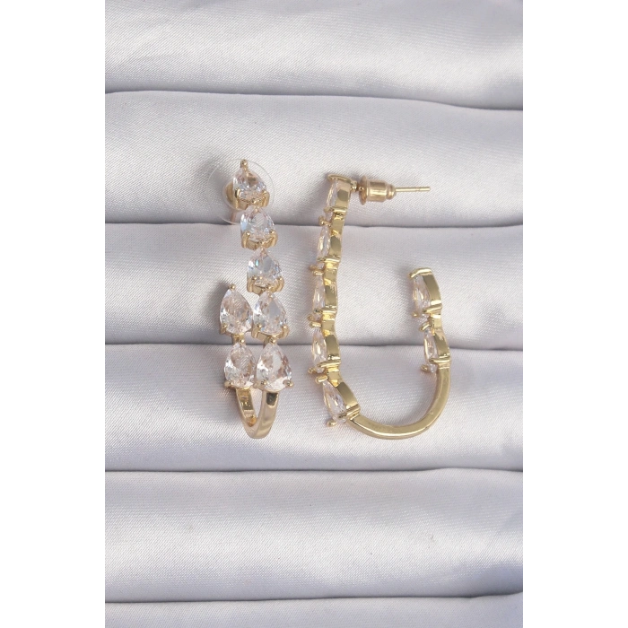 BFS Pirinç Gold Renk Damla Zirkon Taş Tasarımlı Küpe