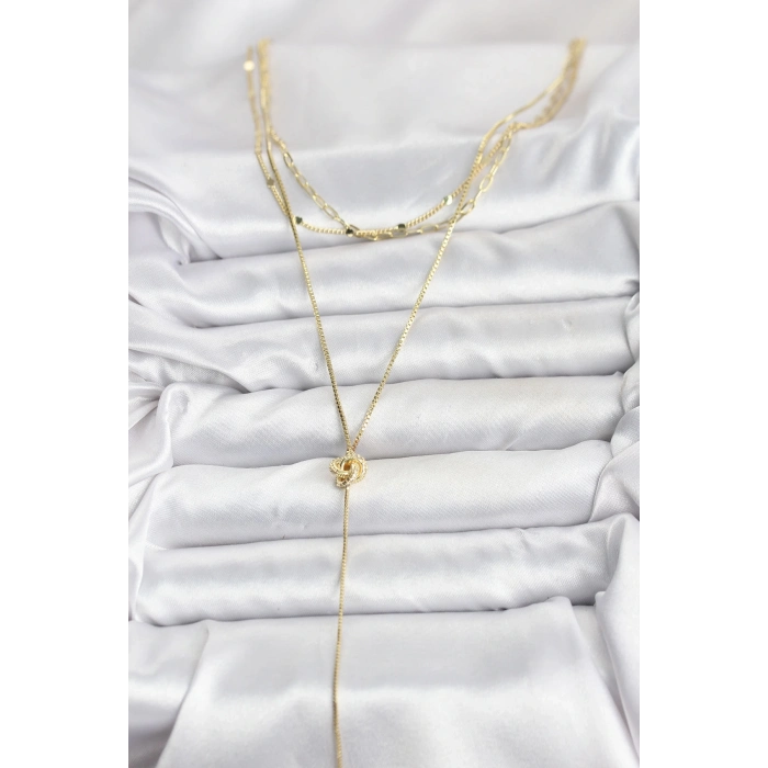 BFS Pirinç Gold Renk Düğüm Model Detaylı 3lü Kombin Y Kadın Kolye