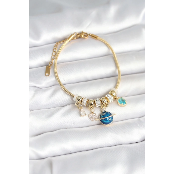 ÇOK SATAN BFS Pirinç Gold Renk Dünya Charmlı Kadın Bileklik