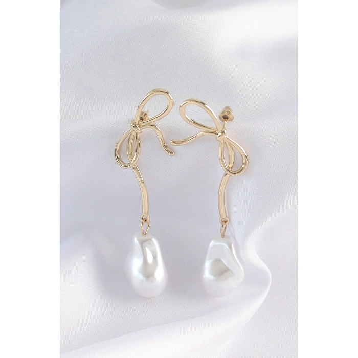 ÇOK SATAN BFS Pirinç Gold Renk Fiyonk Model İnci Taşlı Uzun Küpe