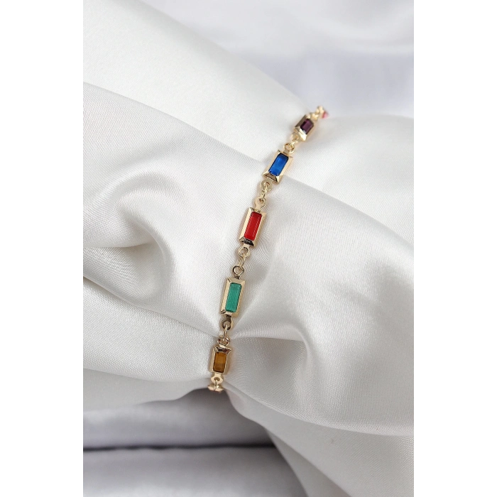 BFS Pirinç Gold Renk Karışık Renkli Kare Zirkon Taşlı Kadın Bileklik