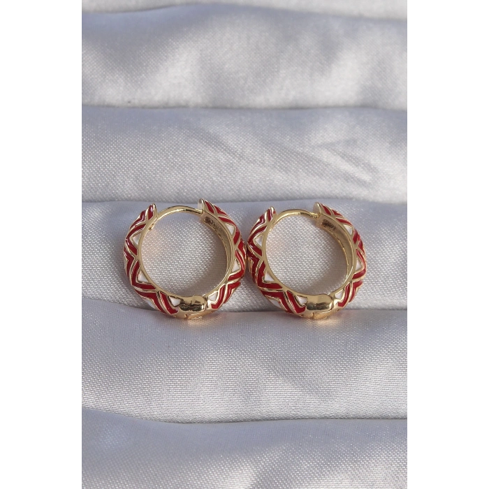 BFS Pirinç Gold Renk Kırmızı Etnik Desenli Halka Küpe