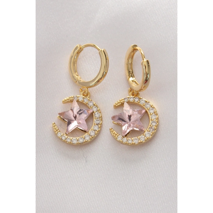 BFS Pirinç Gold Renk Pembe Zirkon Taşlı Yıldız Detay Ay Küpe