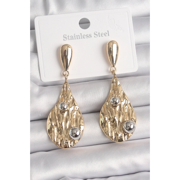 BFS Pirinç Gold Renk Sallantı Damla Model Gümüş Top Detay Kadın Küpe