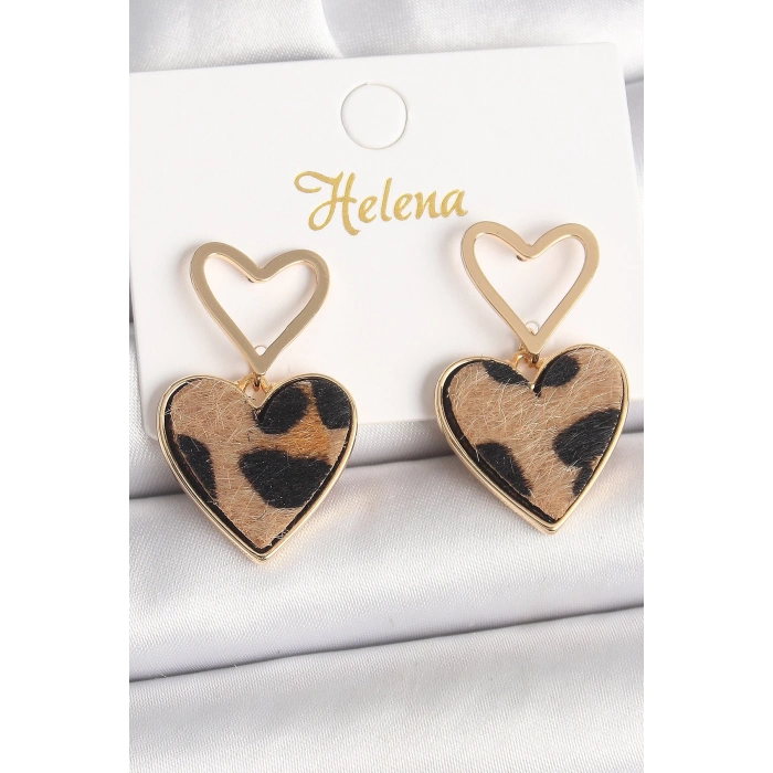 BFS Pirinç Gold Renk Sallantı Leopar Kalp Model Kadın Küpe