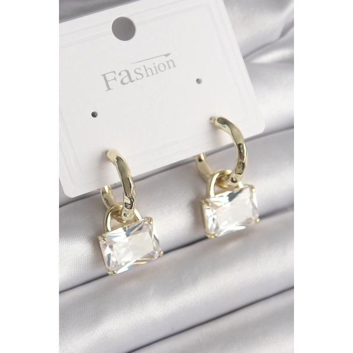 BFS Pirinç Gold Renk Sallantı Zirkon Taşlı Çanta Model Kadın Küpe