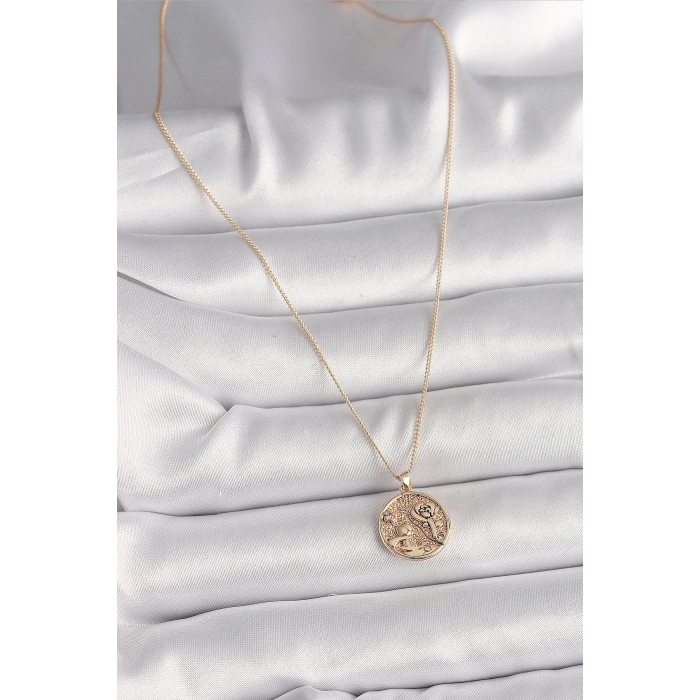 BFS Pirinç Gold Renk Zirkon Taş Detaylı Gül İşleme Madalyon Model Kadın Kolye