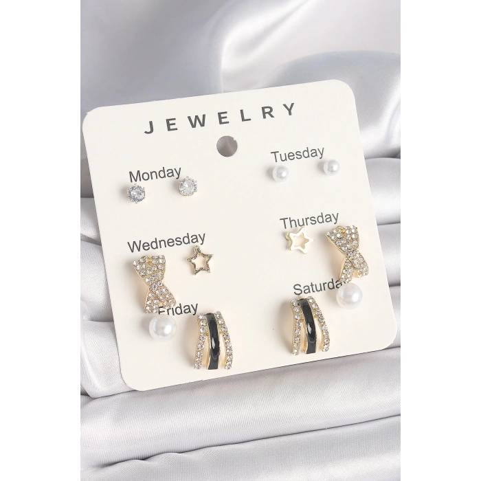 BFS Pirinç Gold Renk Zirkon Taş Yıldız Detaylı İncili 7Li Set Kadın Küpe Seti