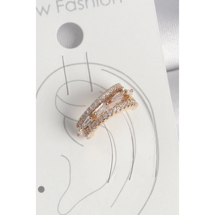 BFS Pirinç Gold Renk Zirkon Taşlı 3Lü Sıralı Model Kadın Kıkırdak Küpe