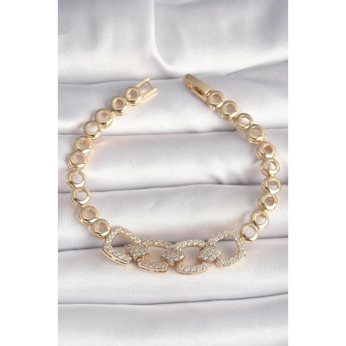 BFS Pirinç Gold Renk Zirkon Taşlı Daire Zincir Model Kadın Bileklik